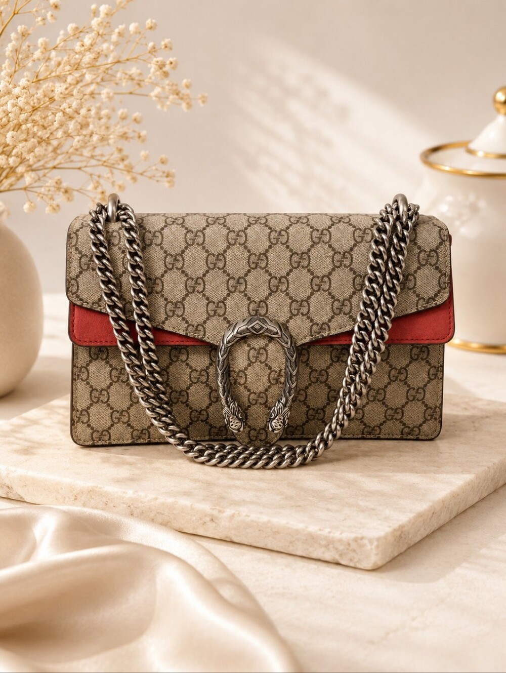 Authentic Gucci Dionysus GG Supreme Shoulder Bag Canvas Red Trim Silver Chain